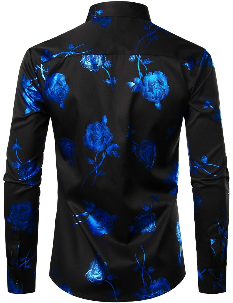 ZEROYAA Mens Hipster 3D Rose Deign Slim Fit Long Sleeve Button Up Dress Shirts ZZCL22 Black Royal Blue X-Large - Image 2